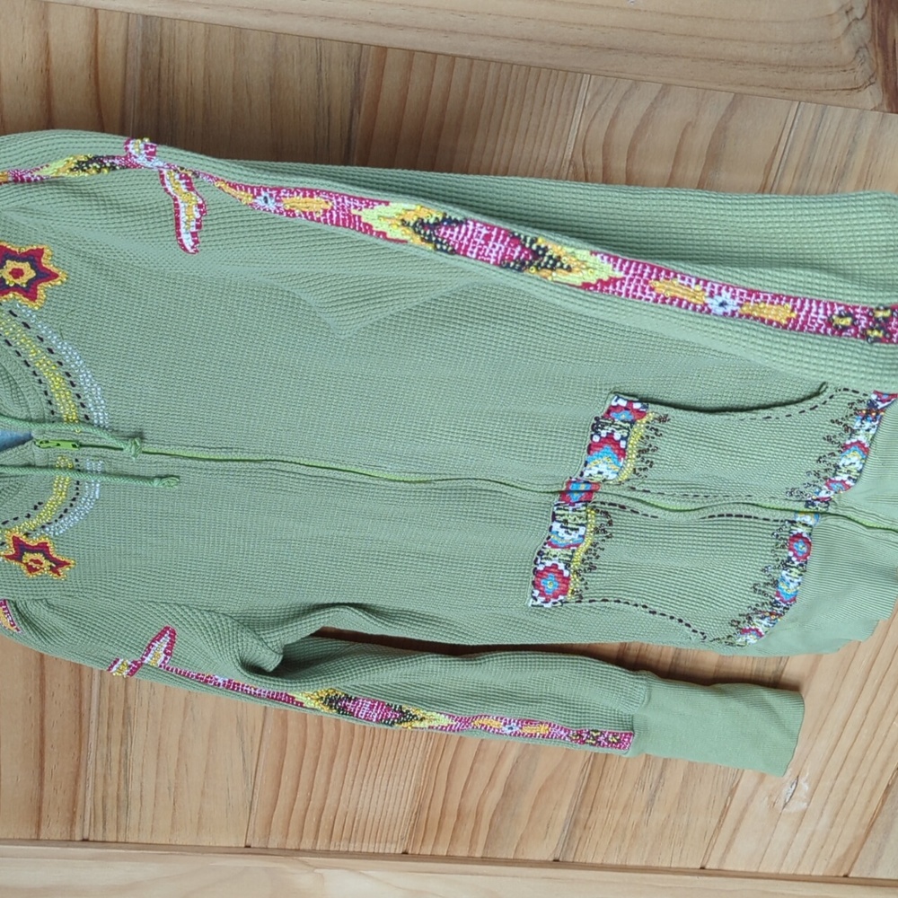 Free People Thermal Embriored Green Zip Up Hoodie Sz M - Picture 6 of 11